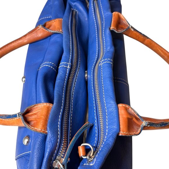 Amber Rose Blue Leather Purse Shoulder Bag Italy Tan Handles Zippers Pockets - Picture 8 of 14